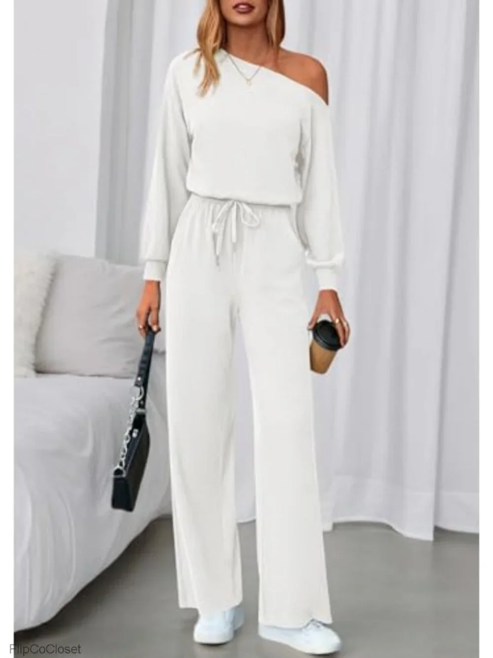 Off Shoulder Long Sleeve Jumpsuit with Pockets - 94% Polyester 6% Elastane